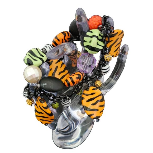 Tiger Print Stretch Charm Bracelet, Colorful Beads, Animal Print, Jungle, Safari - Picture 5 of 6
